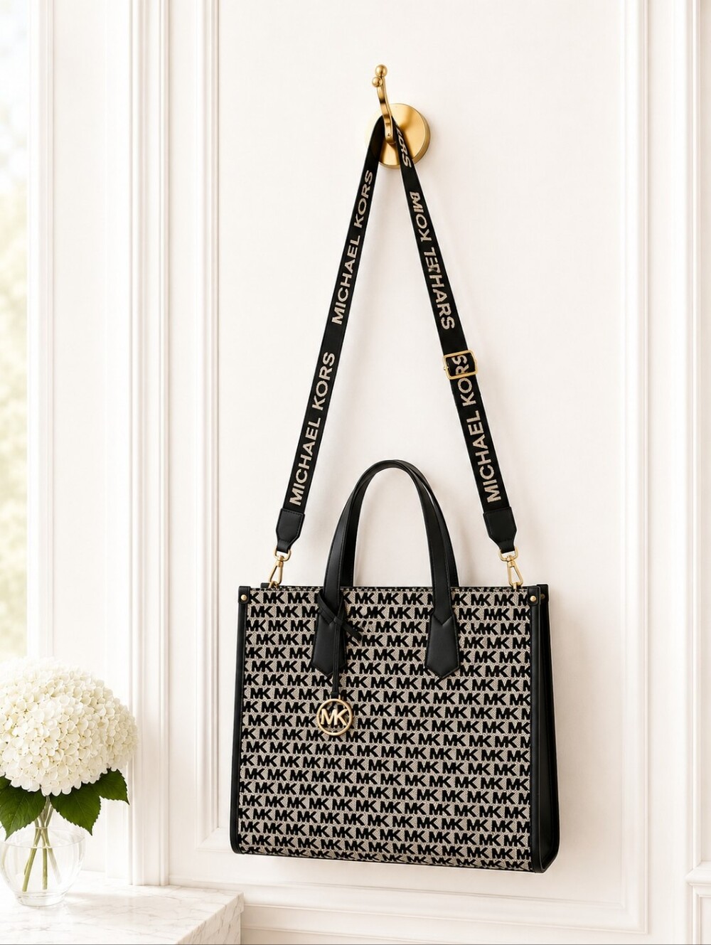 Michael Kors Black & Beige MK Monogram Tote with Logo Strap - Picture 2 of 8